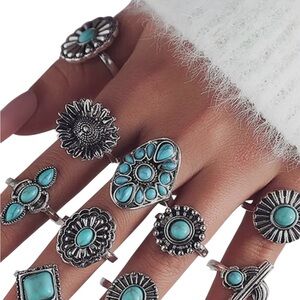 Turquoise and Silver Bohemian Ring Set- nwot